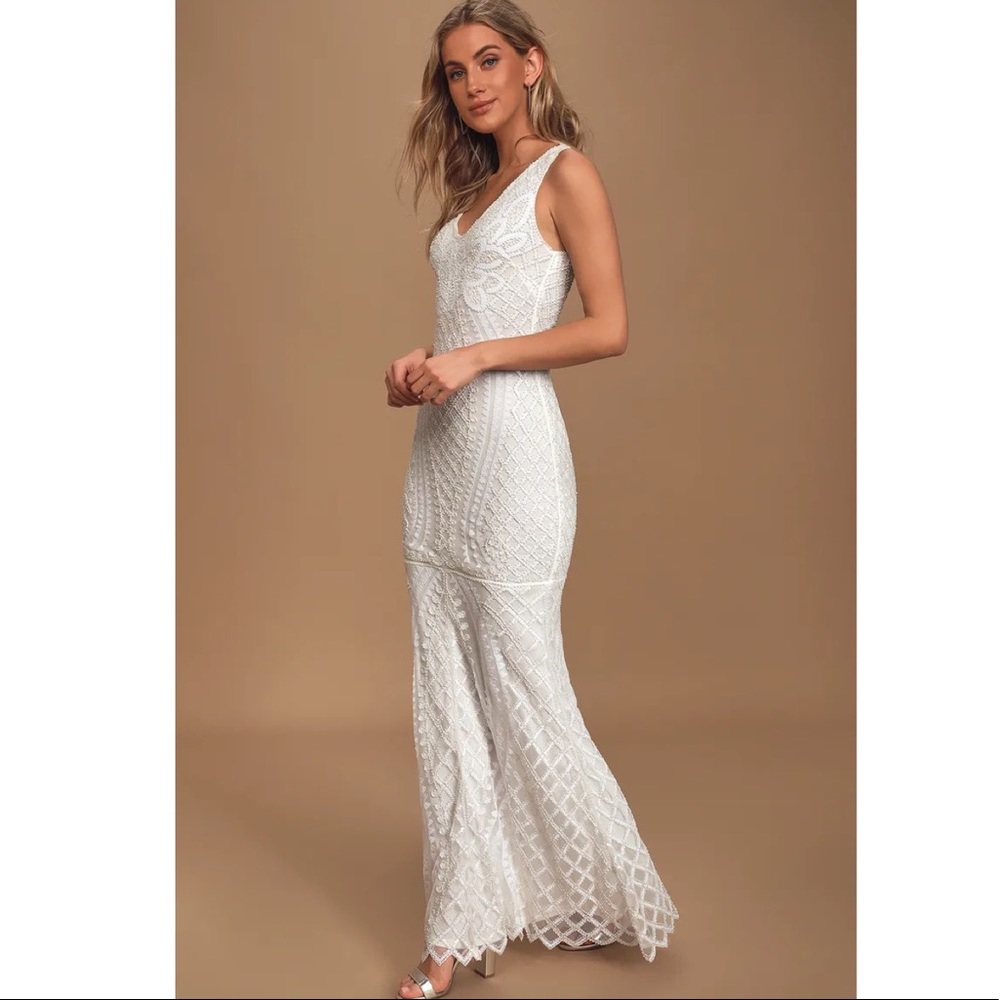 Lulu’s Alessandra White Beaded Mermaid Maxi Dress